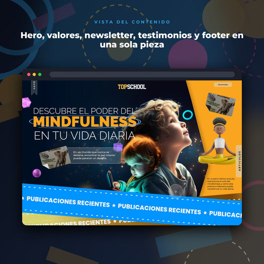 Vista del contenido de TopSchool · Landing Page Editorial de Alto Impacto en mockup