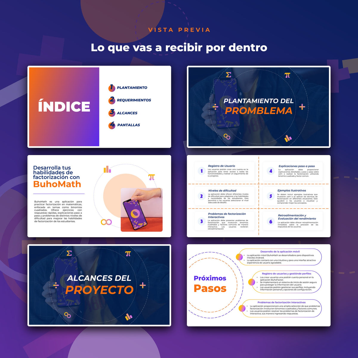Vista previa de páginas interiores de BuhoMath · Propuesta Completa de App Móvil Educativa