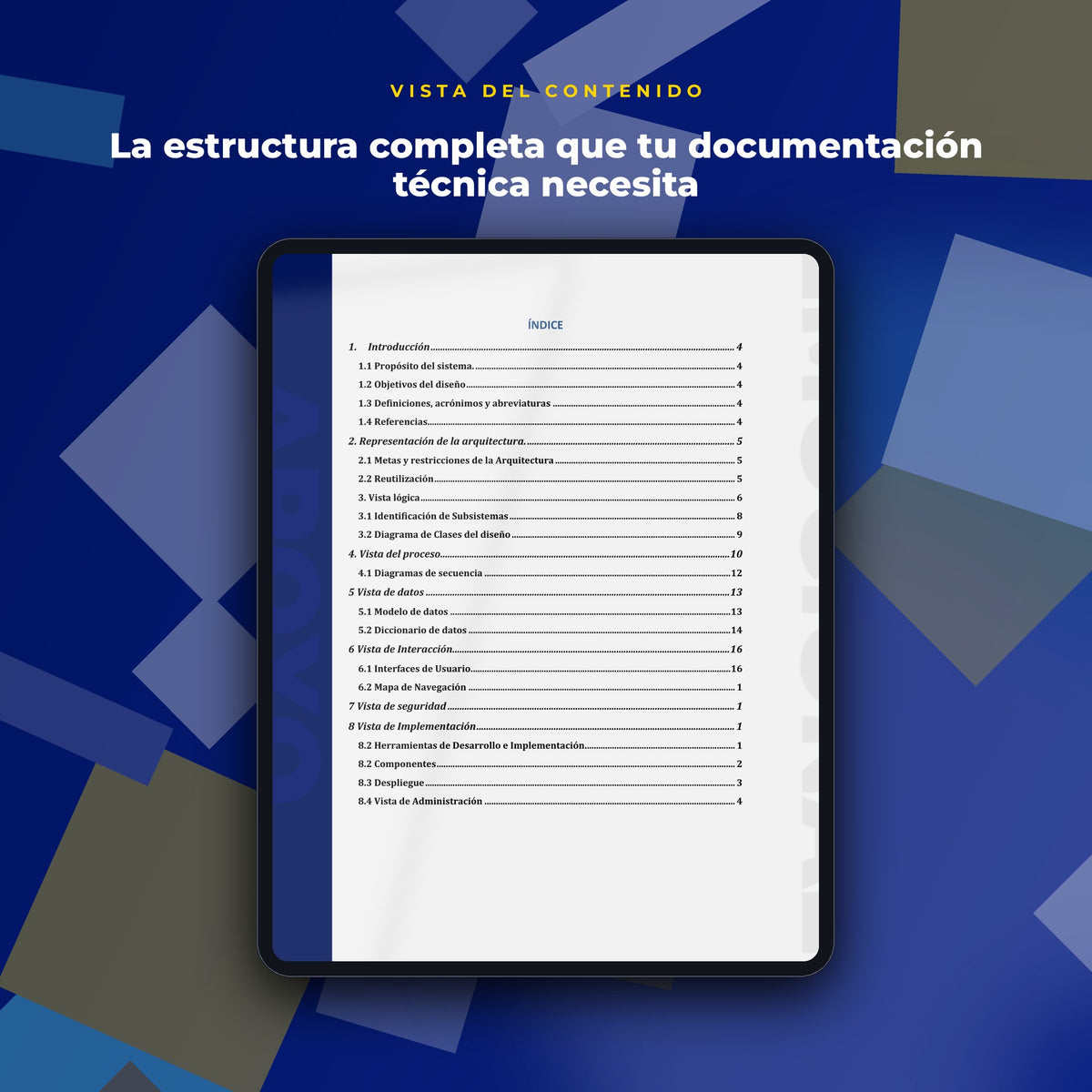 Vista del contenido de Plantilla de Documento de Diseño de Sistema · 27 Páginas en mockup