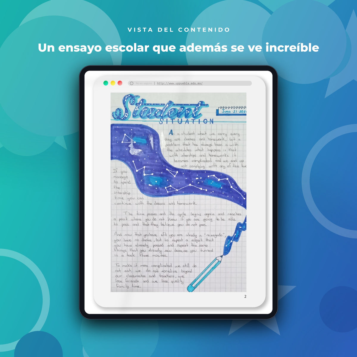 Vista del contenido de Student Situation · Ensayo Ilustrado de Inglés con Lettering en mockup