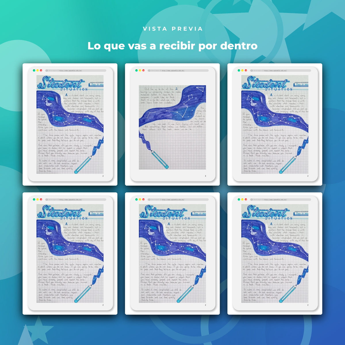Vista previa de páginas interiores de Student Situation · Ensayo Ilustrado de Inglés con Lettering