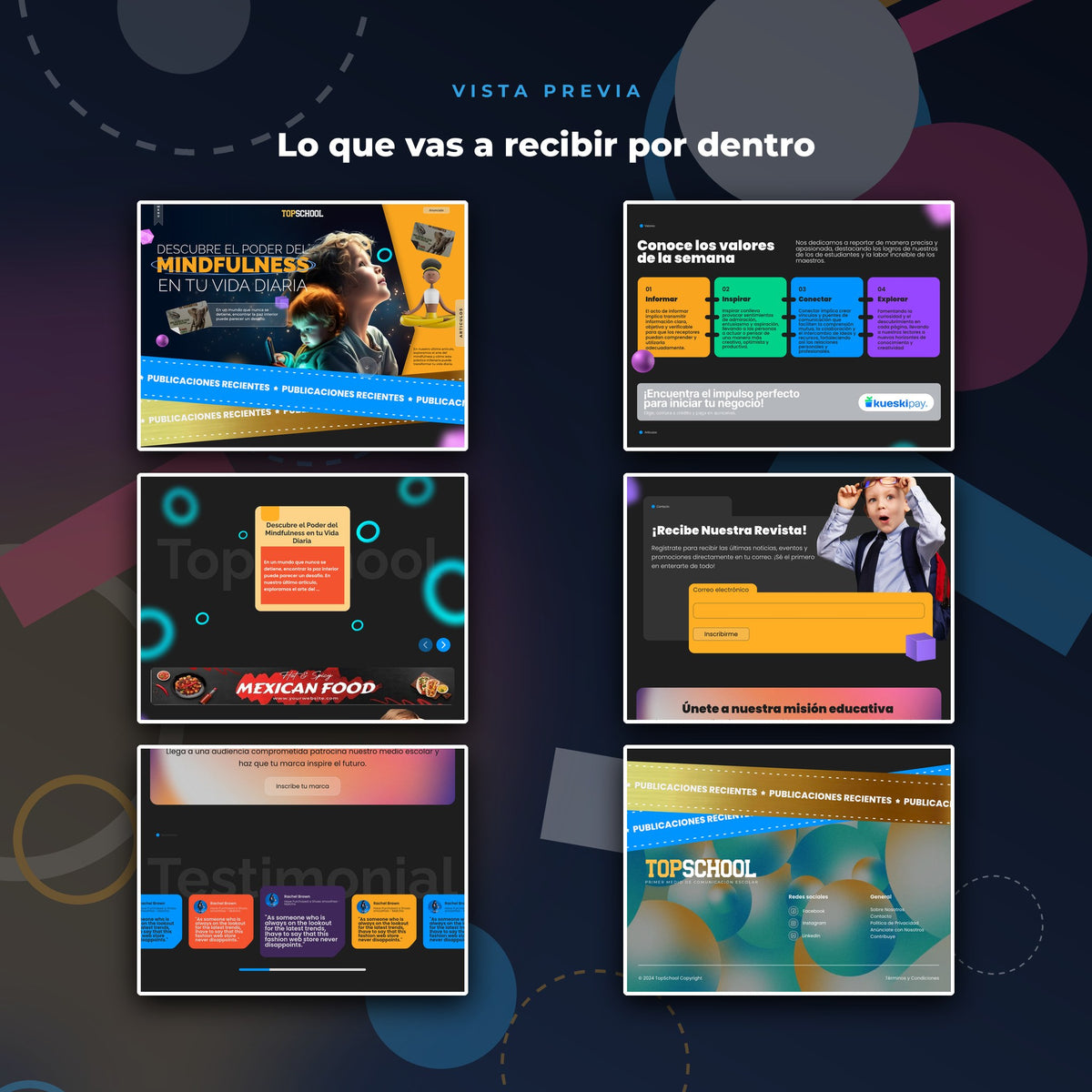 Vista previa de páginas interiores de TopSchool · Landing Page Editorial de Alto Impacto